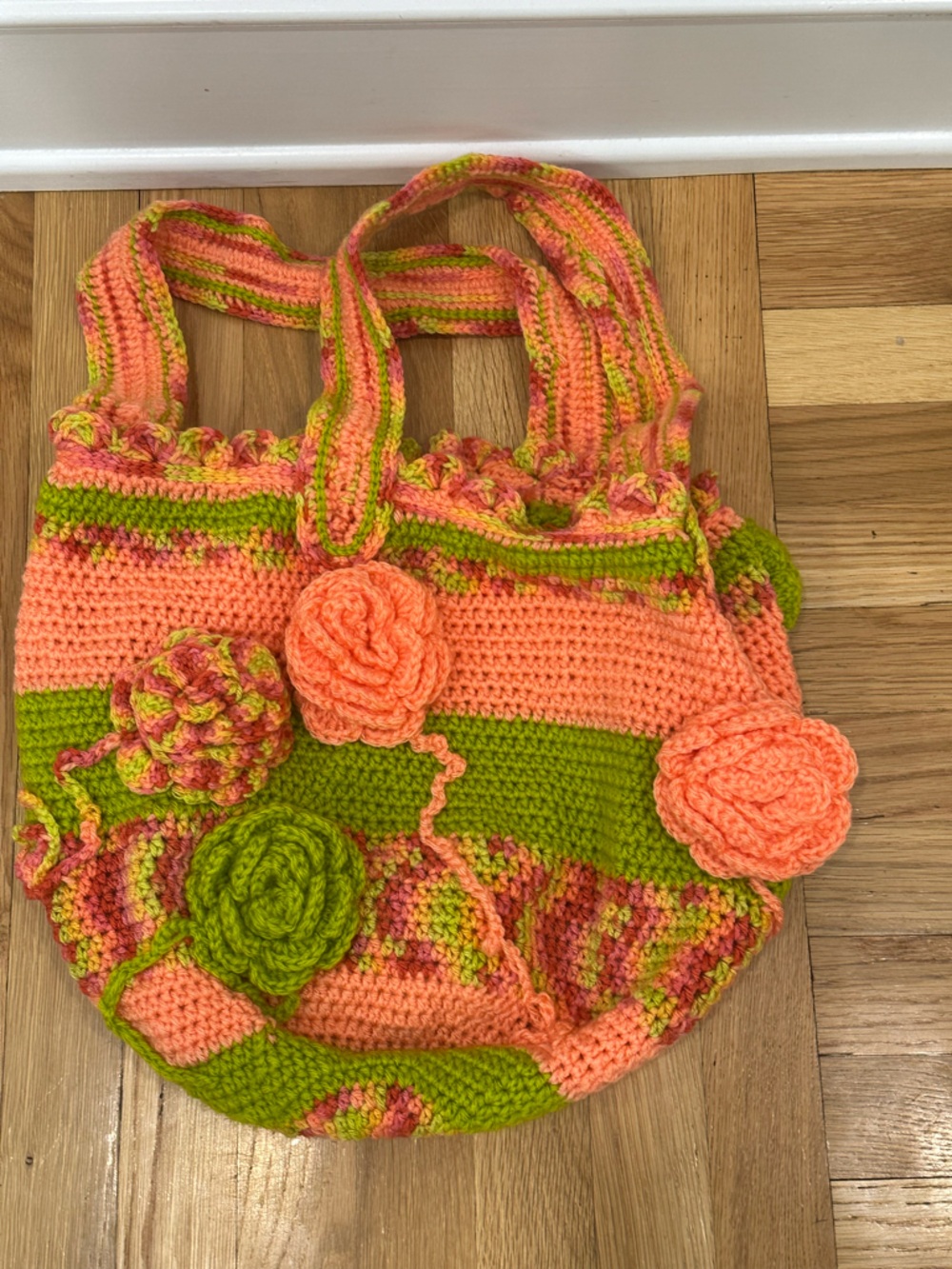 Handmade Crochet Floral Tote Bag in Peach & Lime Boho Coastal Grandma - Picture 2 of 7
